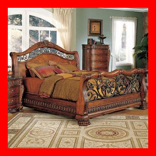 Traditional Formal Cherry Brown King Iron Cast Sleigh Bed Only Bedroom 