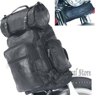 Black Leather 3pc Motorcycle Sissy Bar Tool Barrel Bag Backpack Travel 