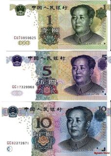 China 10, 5, 1 yuan MAO SET Banknote Chinese Paper money UNC