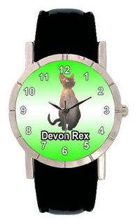Devon Rex Cat Kitten Men Lady Genuine Leather Quartz Movement Wrist 