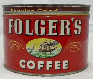 OLD KEY WIND FOLGERS ONE POUND COFFEE TIN 1950s