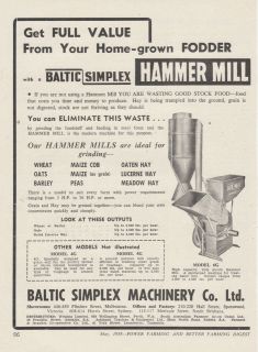 Vintage 1958 BALTIC SIMPLEX HAMMERMILL STOCK FEEDING Advertisement