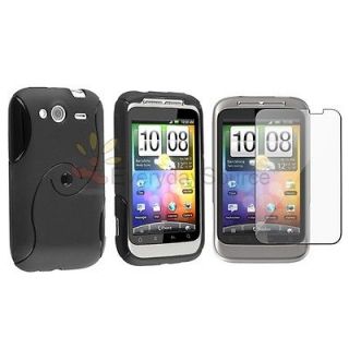 Black Gel TPU Skin Gel Case Cover+Guard Protector For HTC Wildfire S