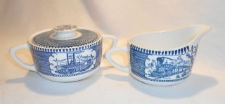 Currier and Ives Sugar dish with lid and Creamer