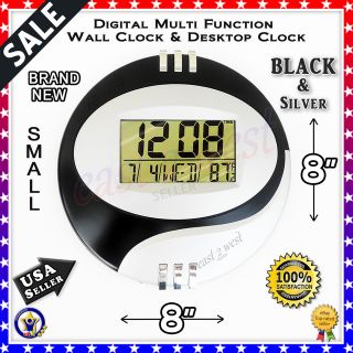 LCD Circular Digital Desketop +Wall Clock Thermometer Time Alarm Date 