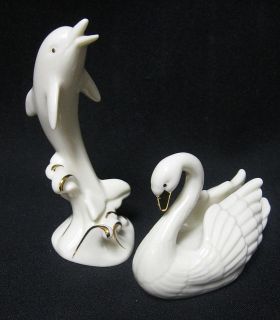 Lenox Ivory and Gold Small Dolphin on a Wave and Seated Swan Figurines 