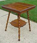 ANTIQUE VICTORIAN ERA   2 TIER   TIGER OAK SIDE TABLE WITH SPIRAL LEGS
