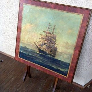 Antique Folding Card Table With Lithograph Top Ship On The Sea