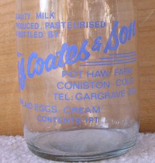 Vintage J.J. Coates & Sons Milk Bottle one Pint Pot Haw Farm