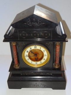 ANTIQUE BLACK MARBLE AND RED PILLAR FRENCH MANTLE CLOCK
