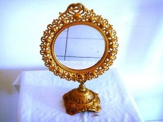 ANTIQUE CAST IRON VANITY MIRROR STAND TILTS ROUND SHAPE GOLD VERY OLD 