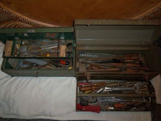 Pair Of Vintage Tool Boxes With Vintage Tools Etc Estate Item