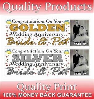 PARTY BANNER WEDDING PERSONALISED FREE PHOTOS GOLDEN SILVER DIAMOND 