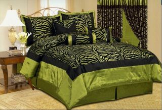   Silk Flocking Zebra Printing Black & Green Comforter Set Bedding King