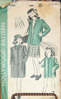 Vtg Pattern Hollywood 1507 Girls Coat Skirt Raincoat Sz8 B26 H28 