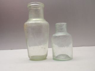 Two Antique Old Light Blue Glass Bottles Glue? Pickles? 1800s 