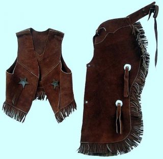 Brown Suede Cowboy Cowgirl Horse Western Kids Show Leather Vest Chaps