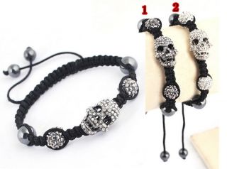 Punk Style Silver Tone Rhinestone Skull&Square Hematite Beads Bracelet 