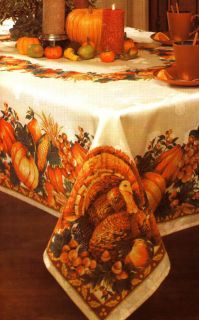   Turkey Harvest Ivory Damask Fall Pumpkins Fabric Tablecloth New