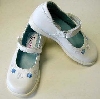 New Garvalin Mary Janes White Leather w/ Blue Polka Dots on Toe YOUTH 