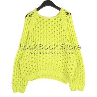   Neon Candy Colored Ribbed Neck Crochet Weave Knitwear Sweater Jumper