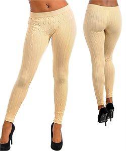BEIGE Cable Knit Stretch Sweater Footless Leggings Cotton Tights Pant 