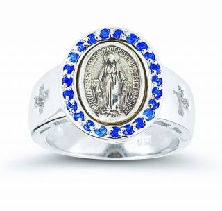   Womens Sterling Silver Miraculous Medal Sapphire Cubic Zirconia Ring