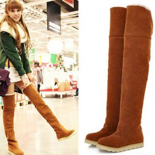 Womens thigh high over knee pull on flat boots shoes faux suede tan US 