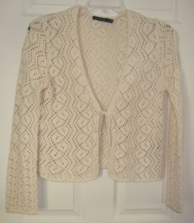   Sz L Crocheted Open Tie Front Cardigan Sweater~Cream Wool Blend