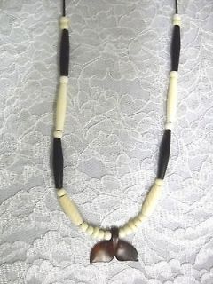 EXOTIC CARVED ROSE WOOD WHALE TAIL PENDANT w BLACK & WHITE BONE BEADS 