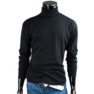 Mens turtleneck solid basic Elastic long sleeve t shirt (HG_001)_Black 