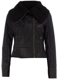 Dorothy Perkins Black shearling biker aviator jacket coat UK 10 EU 38 