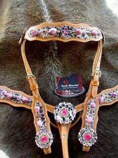 HORSE BRIDLE BREAST COLLAR WESTERN LEATHER HEADSTALL PURPLE STONES 