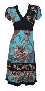 Blue & Black Border Print Stretch Day Dress Aaliyah Size 8 10 New