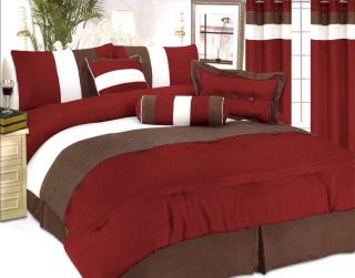 New 7 Pc Modern Satin Comforter Set King Burgundy/Brown