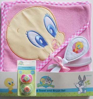 BABY LOONEY TUNES TOWEL & BRUSH SET WITH 2PK PACIFIERS