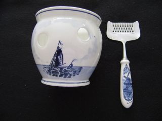 Delft Planter and Delft Cheese Grater with Windmills and Sail Boats 