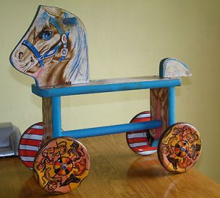 Vintage Antique Ride On Wooden Toy Horse Metal Wheels bells in wheels