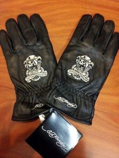 Ed Hardy by Christian Audigier Embroidered Graphic Leather Men Gloves 