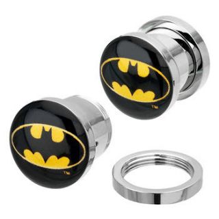 Pair of 2G (6mm)   Single Flared Steel Bat Signal Logo Screwfit Plugs