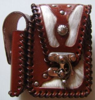Brown Genuine Leather Western Cigarette Case Box Lighter Holder 
