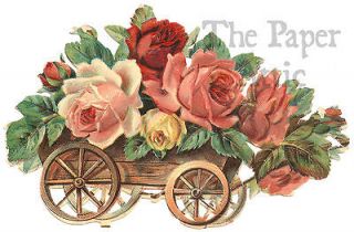 1880s Flowers in Cart Antique Victorian French Lithograph Die Cut 