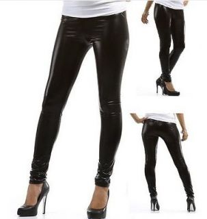 New Lady Noble Shiny Slim Metallic Vinyl Tight Black Leggings Pants 