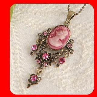 Pink Crystal Vintage ST Antique Gold GP CAMEO pendant necklace n1462