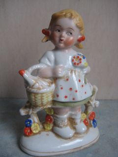 Vintage Porcelain Figurine Little Girl w/Picnic Basket Flowers Made in 