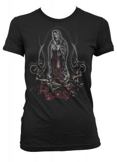 Virgin Mary Junior Girls T shirt Crown Of Thorns Praying Roses Dark 