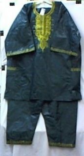 African Clothing Men Pant Suit Brocade Outfit HGreen Gold NotCom M L 