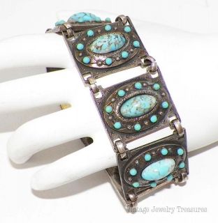 Vintage French Depose DLH Silver Tone Faux Turquoise Bracelet RARE 