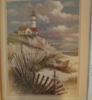   Wood WOODEN Frame LIGHTHOUSE Boat SEAGULL Litho Print Chic BEACH Art