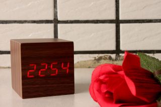 Mini Cube Red Digits Digital LED Wooden Wood Alarm Clock With Adapter 